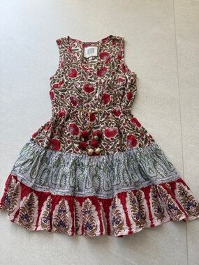 Girls size 6 BELL Boho Floral Tiered Sundress with Pom Trim - Red, Olive & Blue